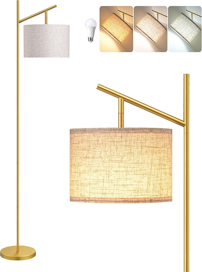 EDISHINE 64.7" Modern Minimalist Floor Lamps for Living Room with 3 Color Temperatures Bulb & Adjustable Linen Shade, Foot Pedal Switch, Tall Standing Lamp for Bedroom Office, Gold - Bloomnest