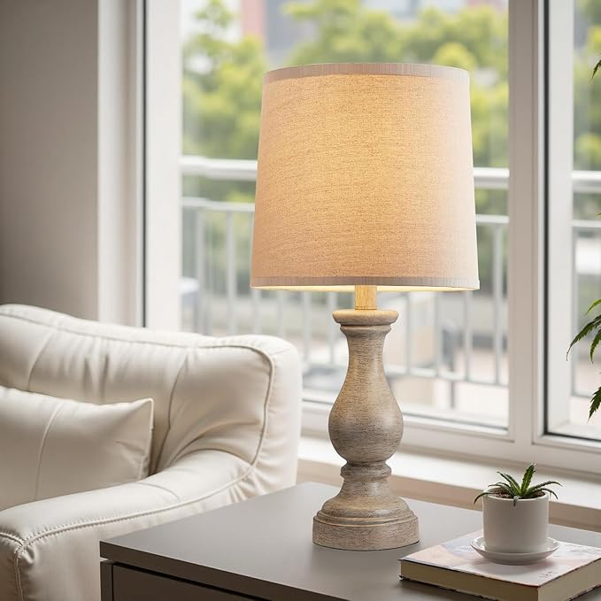 Seealle Farmhouse Table Lamps Set of 2 - Rustic Lamp for Bedroom Living Room, 22" Boho Bedside Lamps for Night Stands End Table Office Desk Lamp Nightstand with Linen Shades(Wood Painted) - Bloomnest