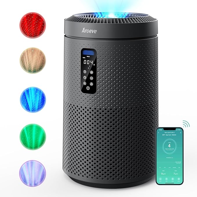 AROEVE Air Purifier for Large Rooms up to 1,782 Sq. Ft. with Star Projector, Smart WiFi, Air Quality Sensor, UV Function, and Washable Filter for Whole Home Use for a Cozy Holiday, MK09W Black - Bloomnest