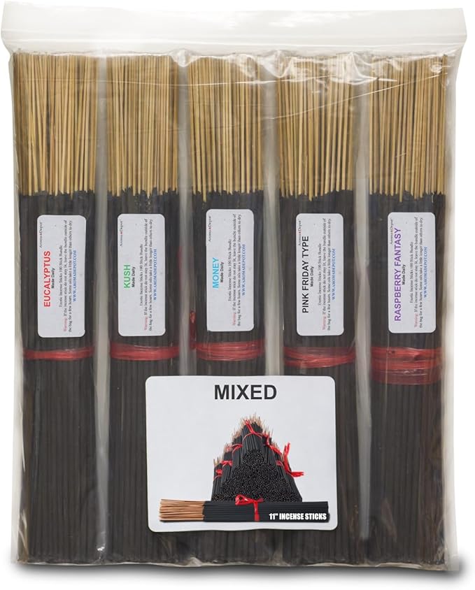 Mixed Scents Pack 11'' Incense Sticks - Variety Set 500 Pack - 11 inch - 5 Bundles 100 Sticks Per Fragrance Scent. Set Features Eucalyptus, Kusk, Moeny, Pink Friday Type, Raspberry Fantasy AromaDepotInc