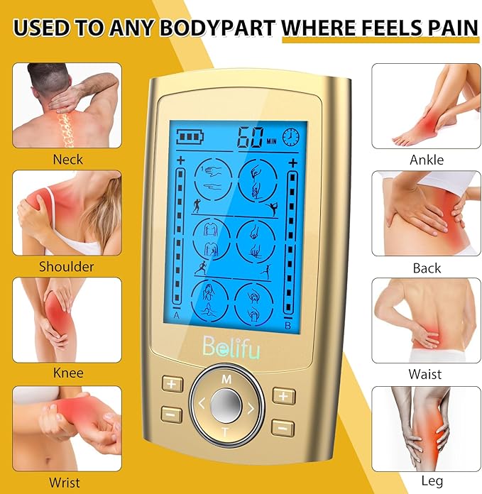 Belifu Dual Channel TENS EMS Unit 24 Modes Muscle Stimulator for Pain Relief Therapy, Electronic Pulse Massager Muscle Massager with 10 Pads, Dust-Proof Drawstring Storage Bag, Fastening Cable Ties Belifu