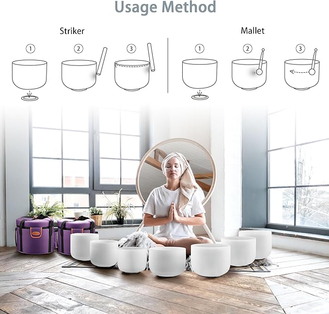 RYAN DVAN 432Hz 6-12 Inch Crystal Singing Bowl Set of 7 with Free Carrying Case, Frosted Quartz Sound Bowls for Chakra Healing, Meditation,Yoga,Sound Therapy,Mindfulness,Relaxation & Stress Relief - Bloomnest