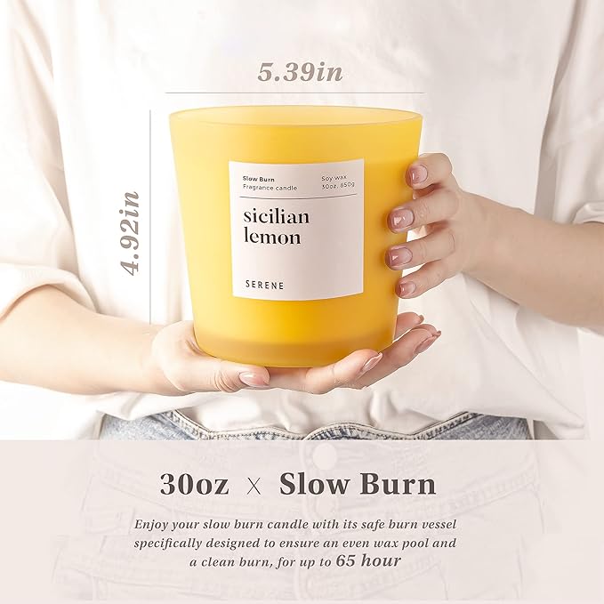 Hidden Label Large Scented Candle, Sicilian Lemon, 30oz 3 Wick Huge Candle, Serene Collection Slow Burn Natural Soy Candles for Home Scented - Bloomnest