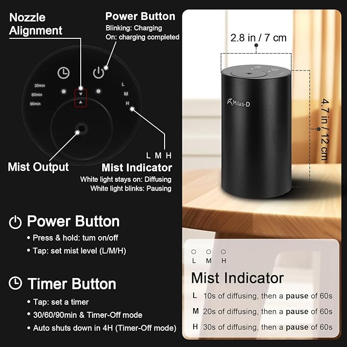 Waterless Essential Oil Diffuser, Battery Operated Nebulizer with 3-Timers & 3 Mist Levels, 0.7 fl.oz./20ml, Mini Scent Air Machine, Home Car Office Studio, Portable & Rechargeable, Milas-D, Black - Bloomnest