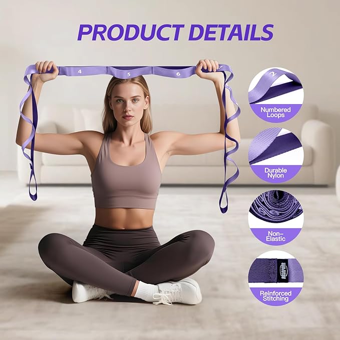 ROSAPOAR Stretching Strap with Loops - Non Elastic Yoga Straps for Physical Therapy, Durable Stretch Bands for Exercise, Flexibility Training, Hamstring & Leg Stretcher, Yoga/Pilates/Gymnastics - Bloomnest