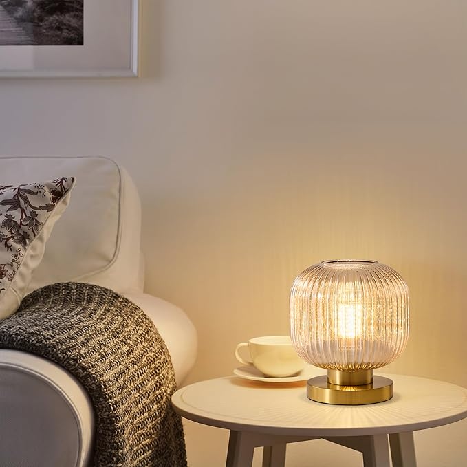 Mid Century Globe Table Lamp: Amber Vintage Pumpkin Ribbed Glass Dimmable Plug in Bedside Lamps - Cute Brass Gold Modern Side Table Lamp Nightstand Light for Bedroom Entryway Office Desk Living Room - Bloomnest