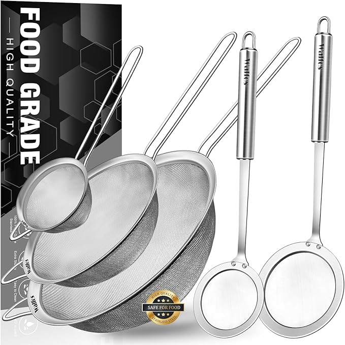 Walfos Fine Mesh Strainer and Fat Skimmer Spoon Set, Multipurpose Metal Strainers for Kitchen, Rice, Quinoa, Food, 304 Stainless Steel Fat Skimmer For Cooking, Fat, Grease, Floating Foam, 5 Pack - Bloomnest