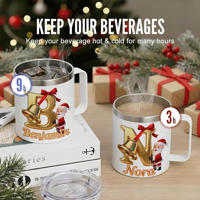 Personalized Christmas Mug | Custom Golden Bell Initial Insulated Coffee Cup with Handle & Lid | 12oz Holiday Tumbler, Cute Santa Gift for Kids & Family (B33) - Bloomnest