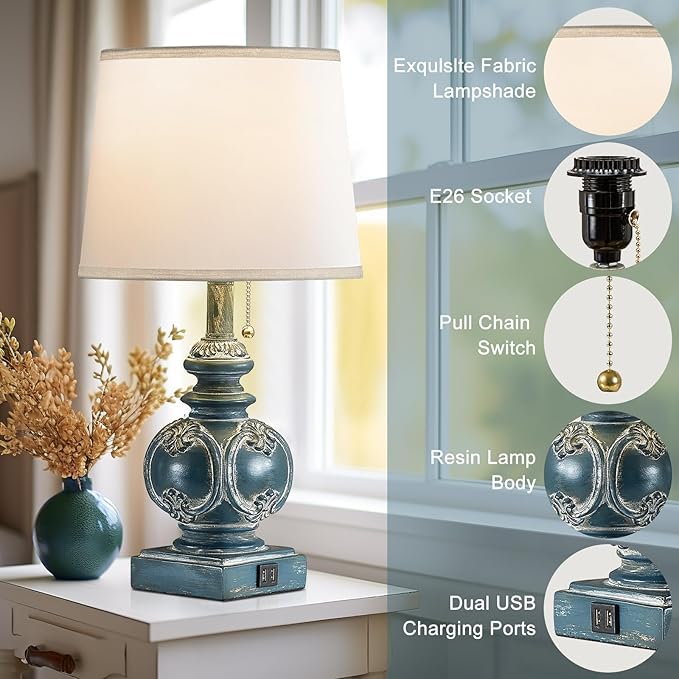 20.75" Farmhouse Table Lamps for Bedroom Set of 2, Rustic Bedside Lamps with 2 USB Port, Retro side table lamp Antique Nightstand Lamp for Living Room End Table Office Country, Traditional Washed Blue - Bloomnest