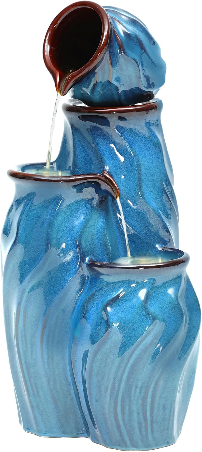 29" Ceramic Outdoor Fountain with Lights, 4-Tier Pots Waterfalls Patio Water Fountain, Tranquil Oasis for Relaxing Garden, Yard, or Porch Decor, Turquoise, Dynamic Wave-Texture - Bloomnest
