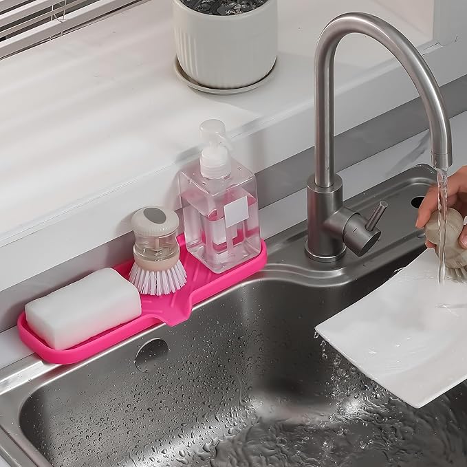 Silicone Bathroom Soap Dishes with Drain Spout-Bathroom and Kitchen Sink Organizer,Sponge Holder,Dish Soap Tray,Perfect for Dispenser,Scrubber,Bottle,Cup on Sink or Counter-Rose 12"×4" - Bloomnest
