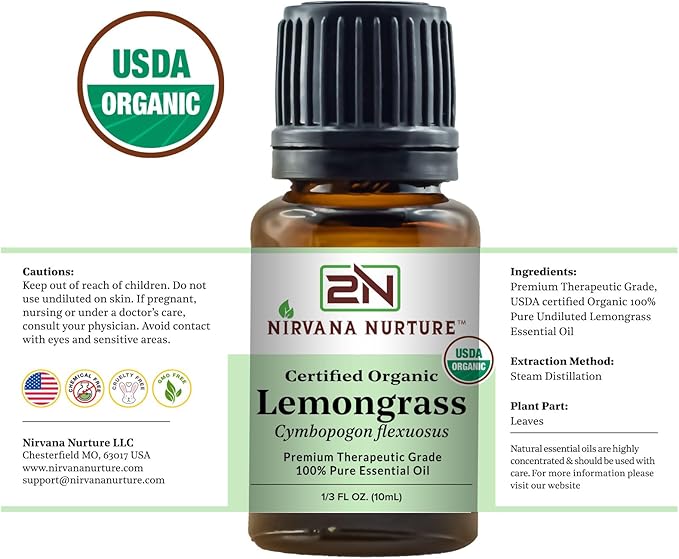 Lemongrass Essential Oil, USDA Certified Organic, 100% Pure Undiluted, Aromatherapy Oil for Diffuser, Hair & Skin Care NirvanaNurture