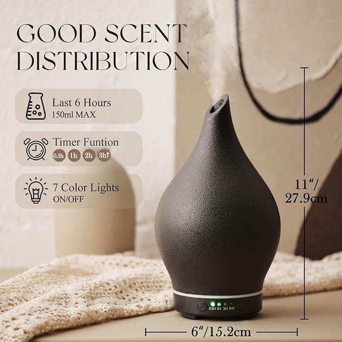 Porseme 150ml Essential Oil Diffuser Ceramic Color Changing Aroma Air Diffusers Aromatherapy Ultrasonic Cool Mist Humidifier 6 Running Hours for Spa Office Sleeping Yoga (Black Ceramic) - Bloomnest