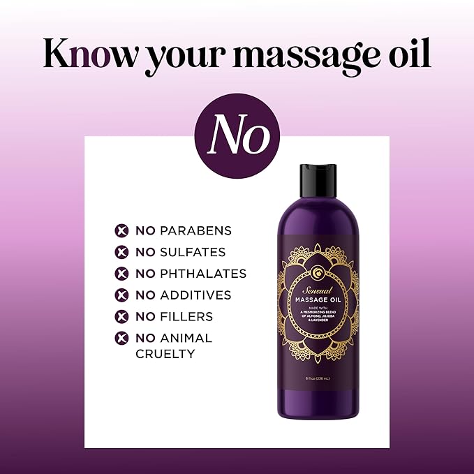 Aromatherapy Sensual Massage Oil for Couples - Relaxing Full Body Massage Oil for Date Night with Sweet Almond Oil - Vegan Lavender for Massage Therapy Smooth Gliding Formula 8 Fl Oz