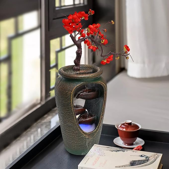 20Inch Tabletop Decorative Flower Vase Style Bonsai Waterfall Fountain Humidifier with LED Lights and Atomizer, Desktop Water Fountains for Any Dining Room, Living Room, Bedroom, Cafe Or Office - Bloomnest