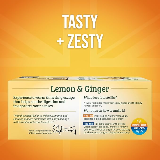 Twinings Lemon & Ginger Herbal Tea Individually Wrapped Bags, 100 Count (Pack of 1), Tangy Lemon, Spicy Ginger, Naturally Caffeine-Free, Enjoy Hot or Iced, 100 Teabags - Bloomnest