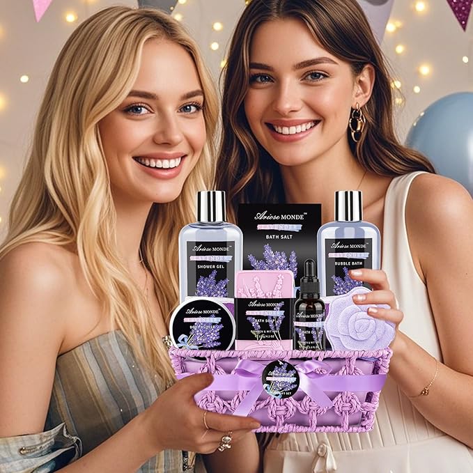 Spa Gift Basket Set, Lavender Home Spa Gifts for Women With Shower Gel, Bubble Bath, Body Butter, Bath Salt, Bomb, Oil, Soap - Gift Idea for Mother, Girlfriend, Wife - Bloomnest
