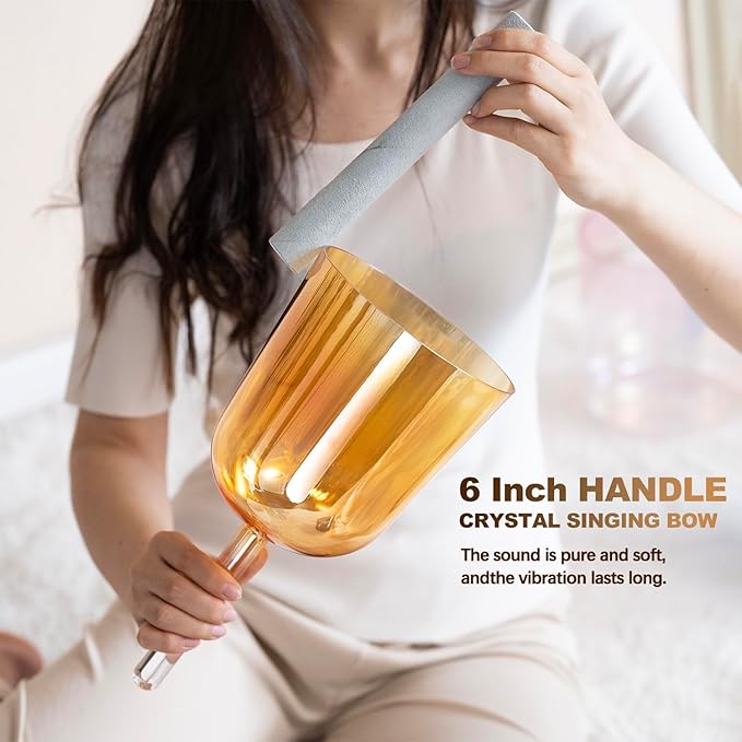 CVNC 432HZ 6 Inch F Note Golden Tea Color Quartz Handle Singing Bowl with Carry Case Bag for Sound Healing and Meditation - Bloomnest