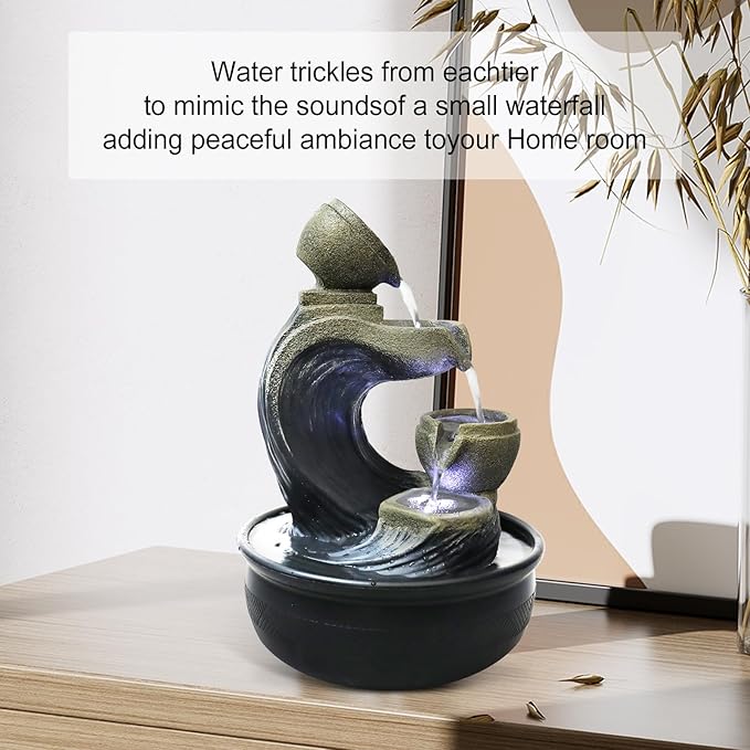 Indoor Tabletop Water Fountain with LED Light - 15.7-inch High 4-Tier Desktop Waterfall Fountain for Home Bedroom Office Decor
