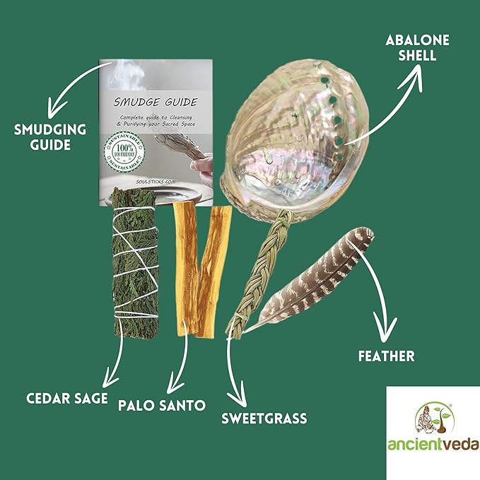 Ancient VEDA Organic Smudge Kit – Cedar Sage, Palo Santo, Sweetgrass, Abalone Shell, Feather & Smudge Guide | Smudging Kit for Home Energy Cleansing, Meditation, Reiki (Healer's Kit, Cedar Sage) AncientVeda