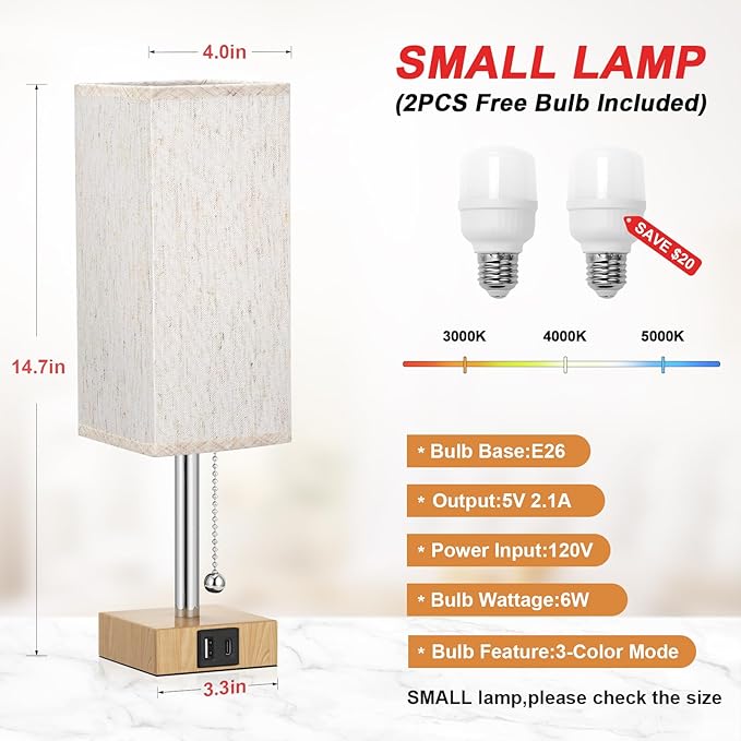 Wood Grain Bedside Table Lamps Set of 2 - Bedroom Lamps with 3 Color Temperatures (3000K/5000K/4000K), Square Nightstand Lamp with USB C + A Charging Ports - Bloomnest