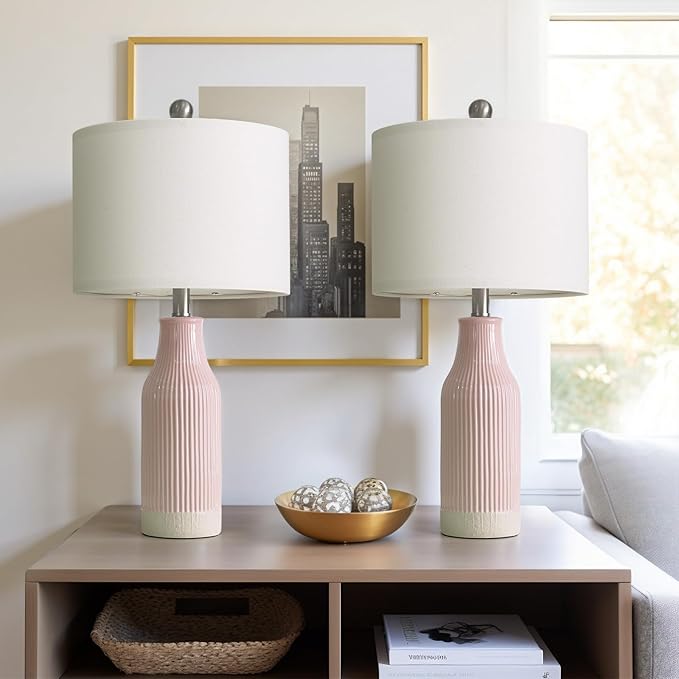 23.75inch Pink Modern Ceramic Bedside Lamp Set of 2 for Bedroom Decor Farmhouse Table Lamp for Living Room Office Dorm - Bloomnest