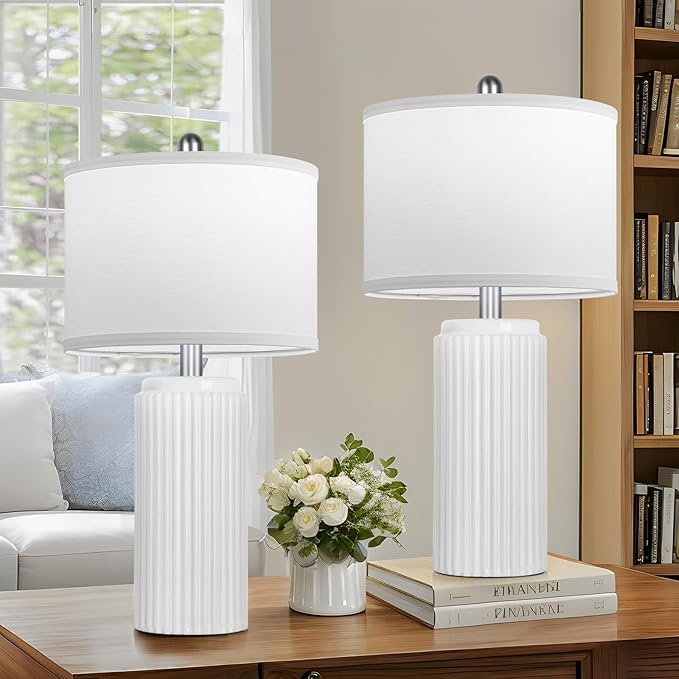 TOBUSA 23.5’’ Modern White Ceramic Lamps Set of 2, Living Room Retro Side Table Lamps, Farmhouse Bedside Nightstand White Lamps for Bedroom with Linen Shade, Elegant Decor Lamp Sets for Home Office - Bloomnest