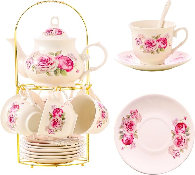 20-Pieces Tea Set For Adult with Golden Metal Rack,Porcelain Tea Sets For Women,Tea Gift Sets for Home&Party(016) - Bloomnest