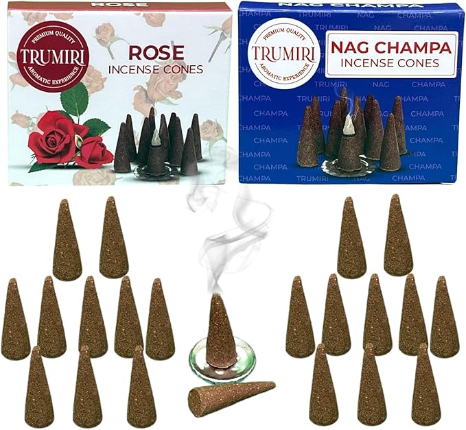 TRUMIRI Incense Cones - Combo Pack of 20 Cone Incense - Nag Champa & Rose Scents TRUMIRI