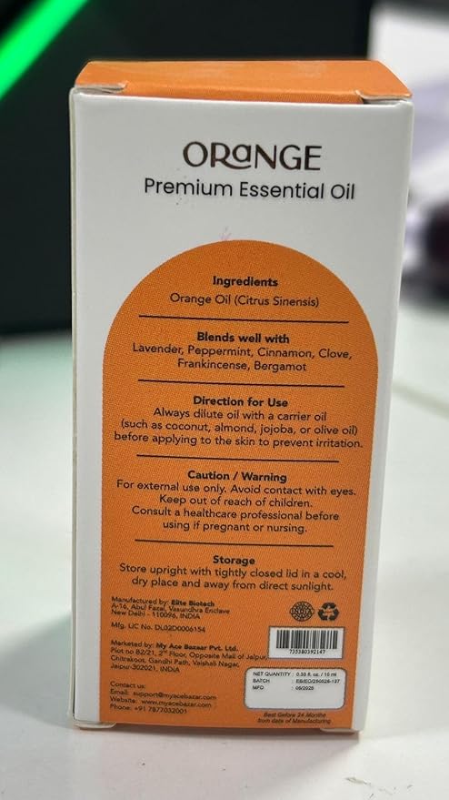 MyAce Orange Essential Oil – 100% Pure & Natural Cold-Pressed Sweet Orange Oil – 0.33 fl oz Amber Glass Bottle with Dropper – Aromatherapy, Diffuser, Candle & Soap Making, Skin & Hair Care MyAce