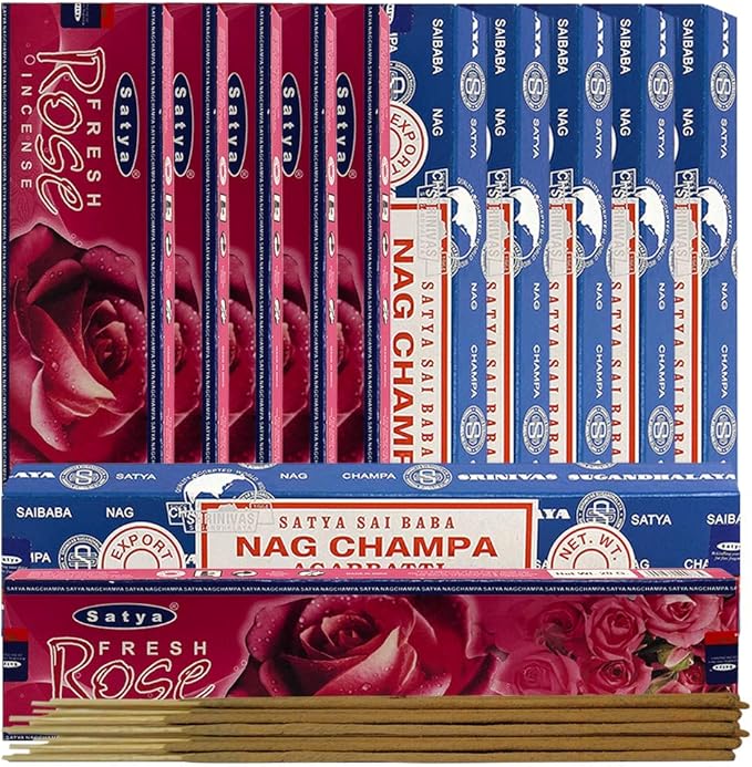 Nag Champa Incense Sticks and Fresh Rose Incense Sticks with Incense Holder Bundle for Home Fragrance and Spiritual Décor TRUMIRI