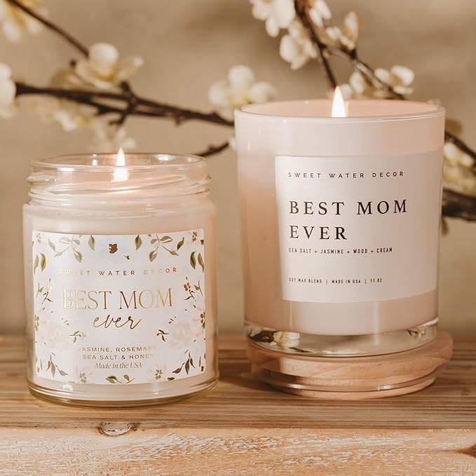 Sweet Water Decor Best Mom Ever Candle - Mother's Day Gifts for Mom, New Mom Gift, Spa Scented Mother Candle - 11oz White Jar, 50+ Hour Burn Time, Made in The USA - Bloomnest