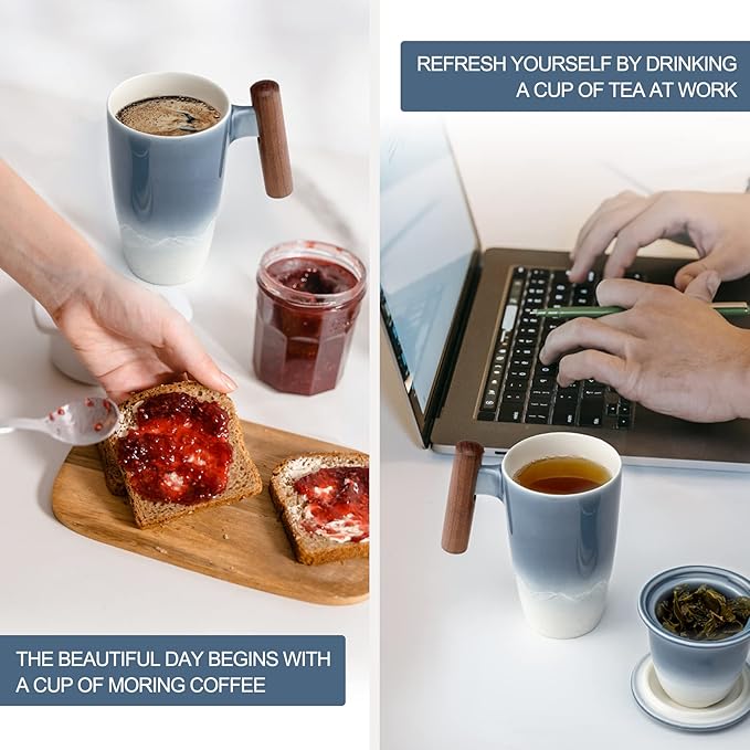 suyika Tomotime Tea Cup with Infuser and Lid 400ml Ceramic Tea Mugs Smooth Inner Wall Wooden Handle 13.5 oz,Blue