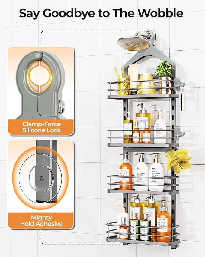 ODesign 4 Tier Height-Adjustable Shower Caddy Hanging Anti-Swing-Over The Shower Head Caddy-Showers Storage Organizer Bathroom Shelves Basket Showers Caddies-Grey - Bloomnest