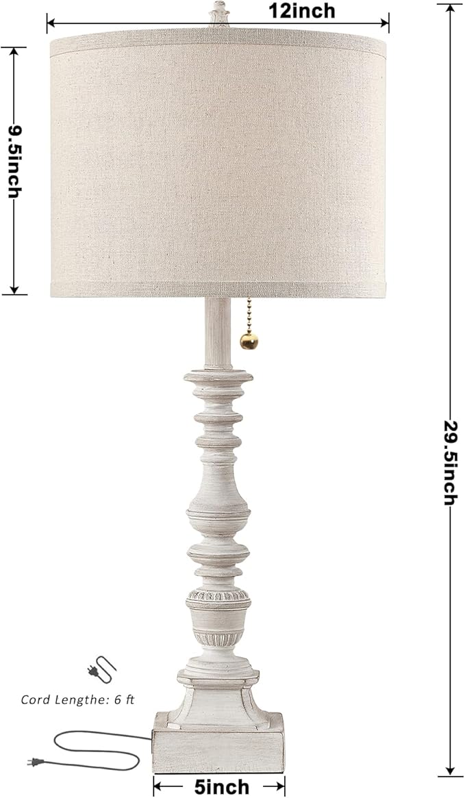 Farmhouse Table Lamps for Bedroom Set of 2, 29.5" Tall Rustic Bedside Lamp with USB Ports and AC Outlet, Vintage Nightstand Table Lamp for Living Room with Linen Drum Shade, White, Pull Chain - Bloomnest