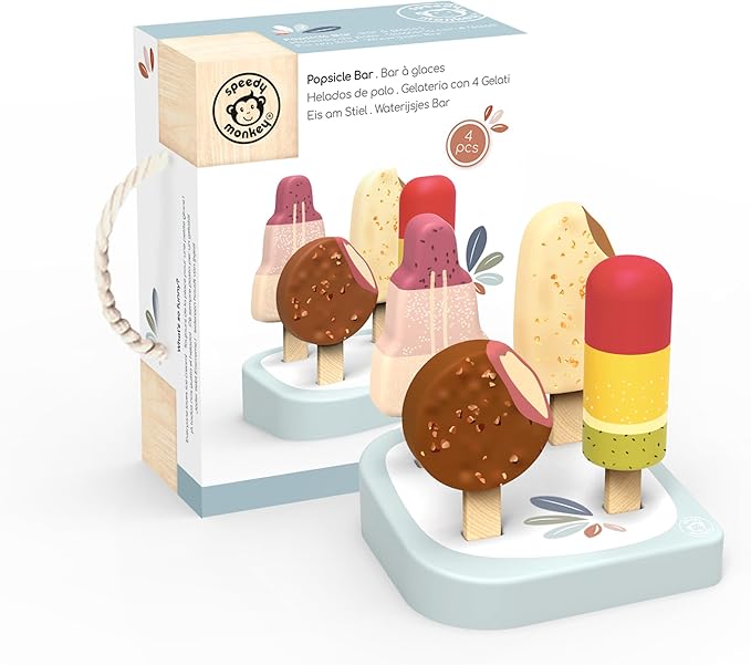 SPEEDY MONKEY Wooden Ice Cream Bar Stand with 4 Treats – FSC Certified Popsicle & Gelato Pretend Play Dessert Counter for Kids, Sweet Food Role Play Toy for Toddlers, Boys & Girls, Ice Cream Cart Set - Bloomnest