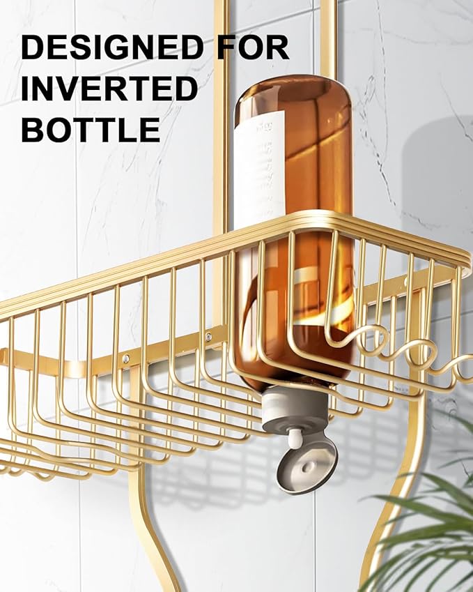 Shower Caddy Hanging - Never Rust Shower Hanging Organizer - Aluminum Over the ShowerHead Caddy with Soap Basket and 6 Razor/Sponge Hooks (Gold) - Bloomnest