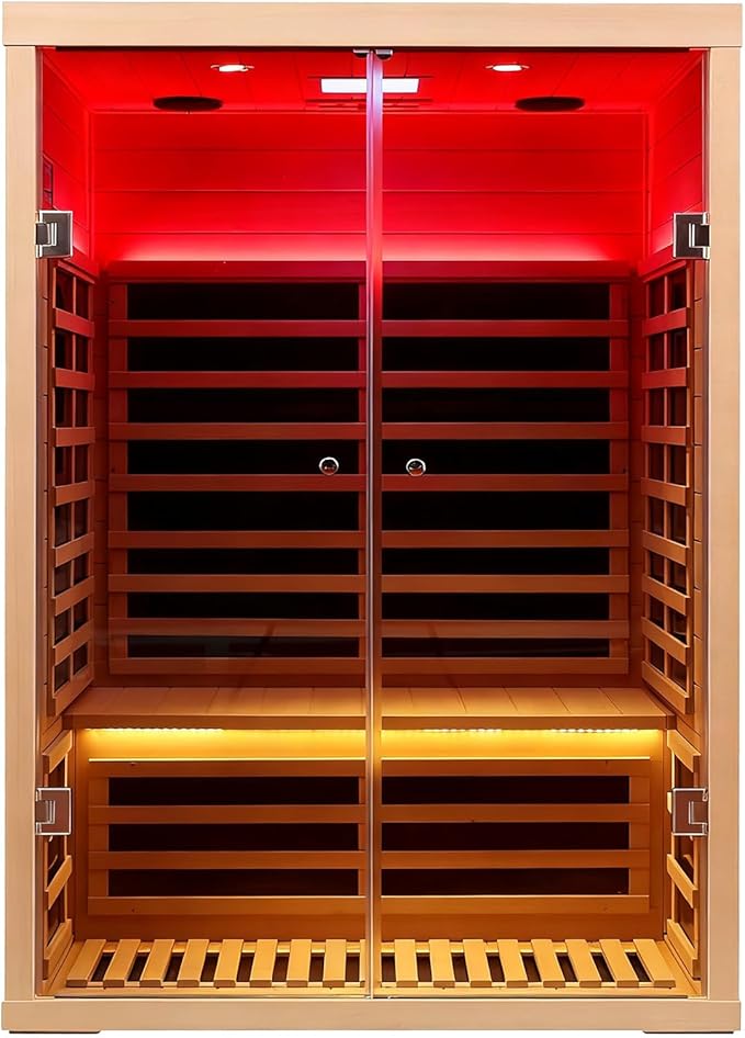 Smart App Control 2 Person Ultra Low EMF (＜5mG) Far Infrared Sauna for Home,1780W Hemlock Indoor Sauna Spa with Touch Panel, Insulation Cover, Bluetooth Speaker, Chromatherapy Light, Reading Light KUNSANA