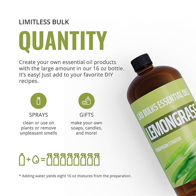 Lab Bulks Essential Oil Lemongrass Essential Oil 16 oz (473 ml) for Diffusers, Home Care, Candles, Hair, Lemon Grass Spray - Bloomnest