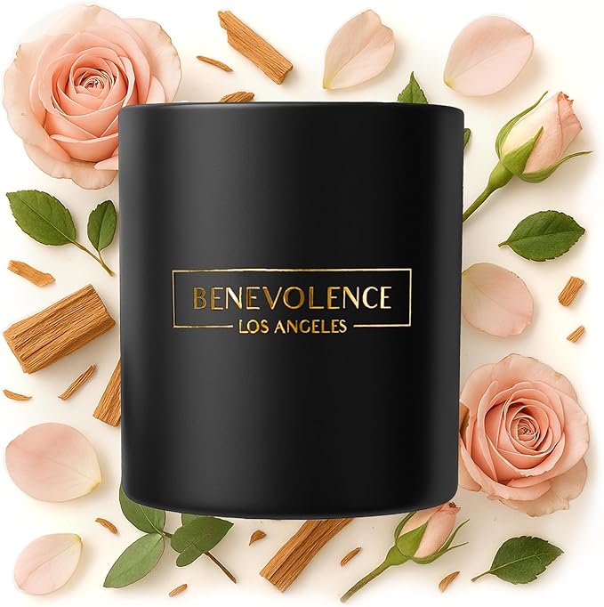 Benevolence LA Rose & Sandalwood Scented Candle | Soy Christmas Candles, Black Candle for Home | Holiday Candles Gifts for Women and Men | Home Fragrance | Aromatherapy | 8oz, 45 Hour Burn - Bloomnest