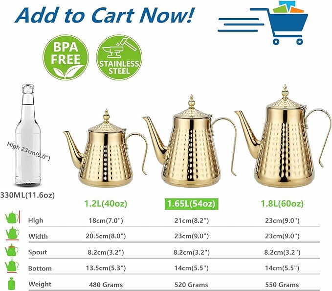 SANQIAHOME 1.6L(54oz) Stainless Steel Hammer Patterned Teapot With Removeable Infuser,Loose leaf cover,Gold - Bloomnest
