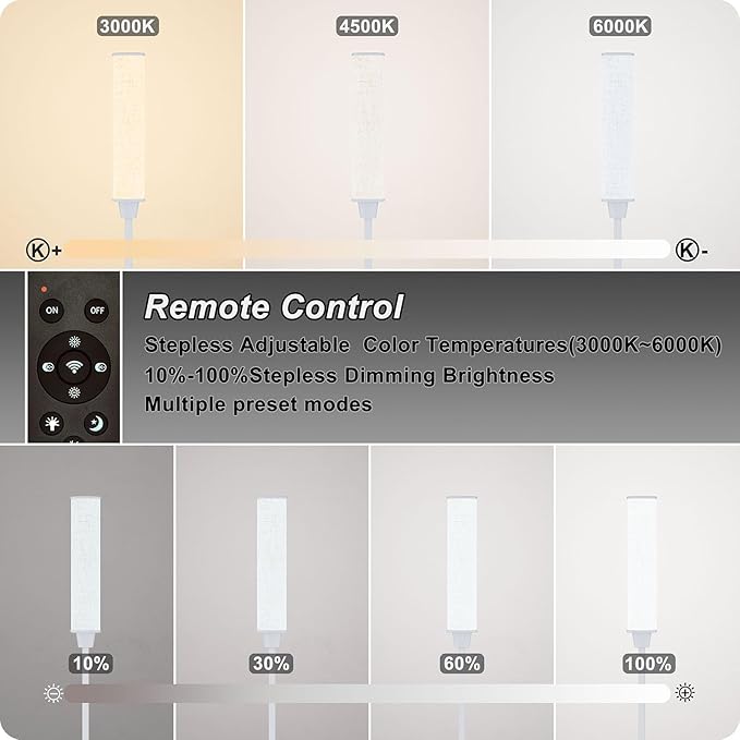 Floor Lamp with Remote Control, Floor Lamps for Living Room/Bedroom/Office, Stepless Adjustable 3000K-6000K Colors and 10-100% Brightness,Standing Light with Foot Switch (White+Beige Linen) - Bloomnest