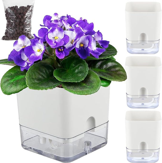 Planterhoma Self Watering Plant Pots for Indoor Plants 5.5 inch, 3 Packs Square Self-Watering Planters with Drainage Hole, White African Violet Pots for Devil's Ivy, Spider Plant, Orchid, Herb - Bloomnest