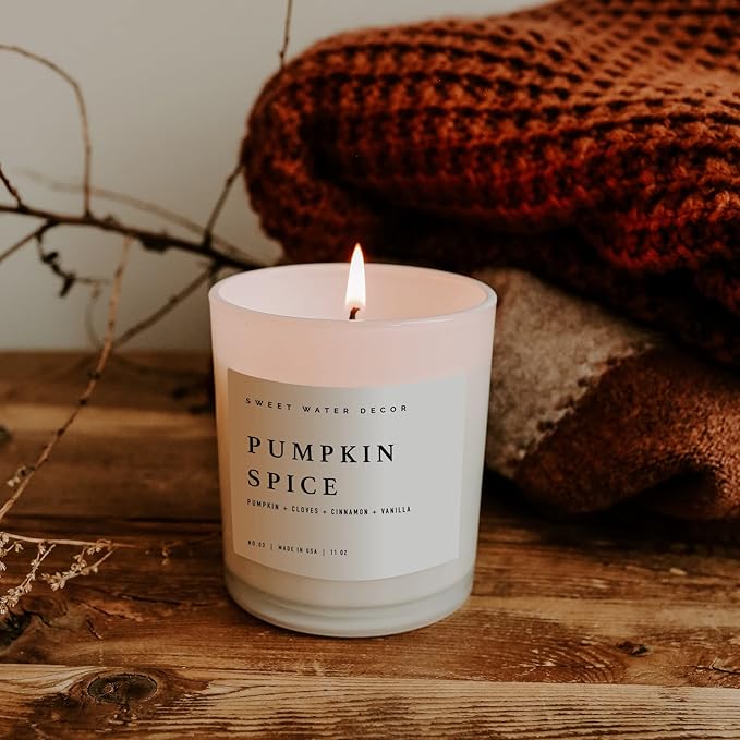 Sweet Water Decor Pumpkin Spice Candle - Fall Candles with Pumpkin, Clover, Cinnamon & Vanilla Scent for Home - Pumpkin Candle with 50 Hours Burn Time - 11Oz Wood Lid White Jar Soy Candles - Bloomnest