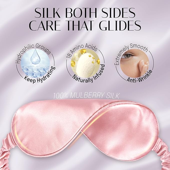 OLESILK Silk Sleep Mask, 100% Mulberry Silk Eye Mask for Sleeping, Double Layer Filling and Elastic Strap, Travel and Nap, Soft Eye Cover Eyeshade with Luxury Bag and Ear Plugs, Pink - Bloomnest