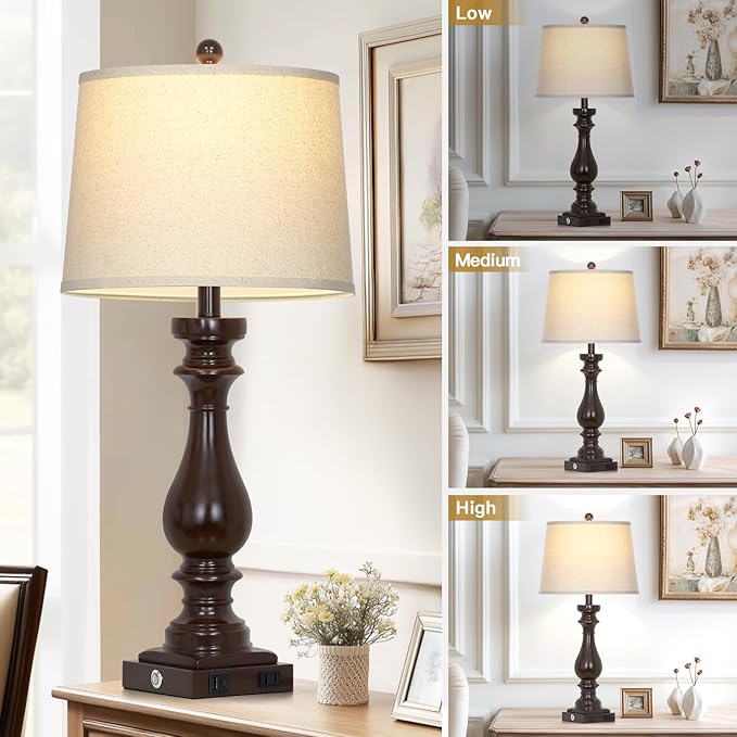 29" Tall Farmhouse Table Lamp for Living Room Set of 2,Vintage Retro Nightstand Lamps with USB C+A Ports & AC Outlet,3-Way Dimmable Touch Bedside Lamp for Bedroom Side Table,Dark Brown - Bloomnest