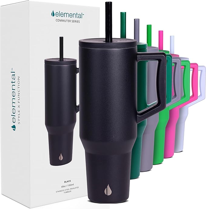Elemental 40 oz Tumbler with Handle and Straw - Spill Proof Insulated Stainless Steel Commuter for Hot and Cold Beverages - Travel Coffee Mug with 2 Straws & Spill Proof Lid - 40oz - Black - Bloomnest
