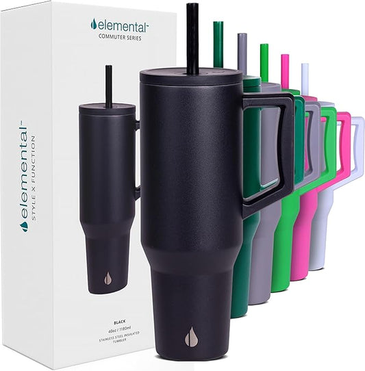 Elemental 40 oz Tumbler with Handle and Straw - Spill Proof Insulated Stainless Steel Commuter for Hot and Cold Beverages - Travel Coffee Mug with 2 Straws & Spill Proof Lid - 40oz - Black - Bloomnest