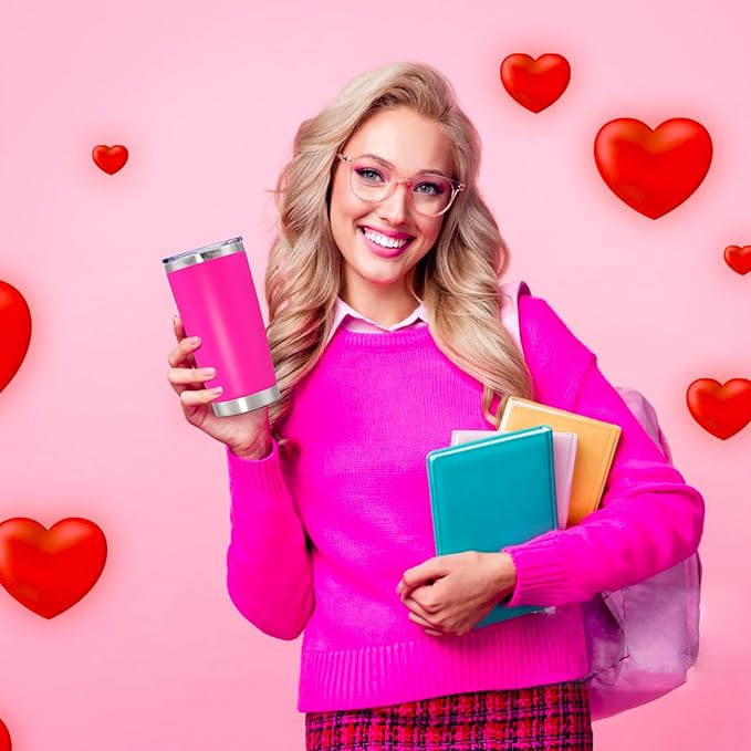 20 oz Tumbler with lid Double Wall Vacuum Insulated Tumblers Stainless Steel Coffee Mug Travel Coffee Tumbler Powder Coated Tumbler Cup Keep Hot&Cold - (Hot Pink 1 Pack)