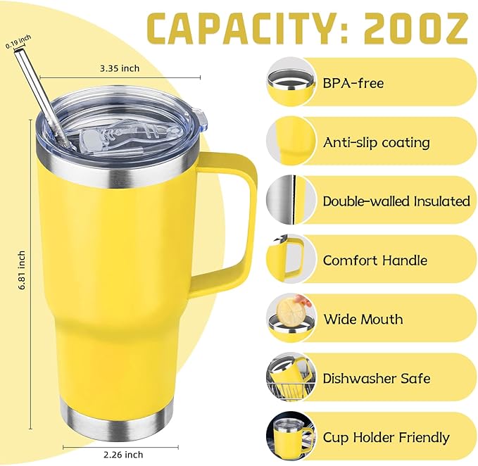 20 oz Tumbler with Handle Stainless Steel Insulated Coffee Mug Tumbler with Lid and Straw Double Wall Vacuum Insulated Coffee Mug Leak Proof Travel Mug Tumbler for Hot and Cold Drink (Mix Color-1)